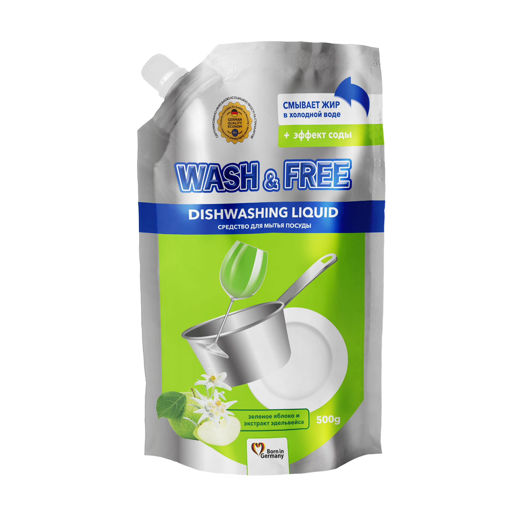 Засіб для миття посуду Wash &amp; Free зелене яблуко та екстракт едельвейса, дойпак, 500 г